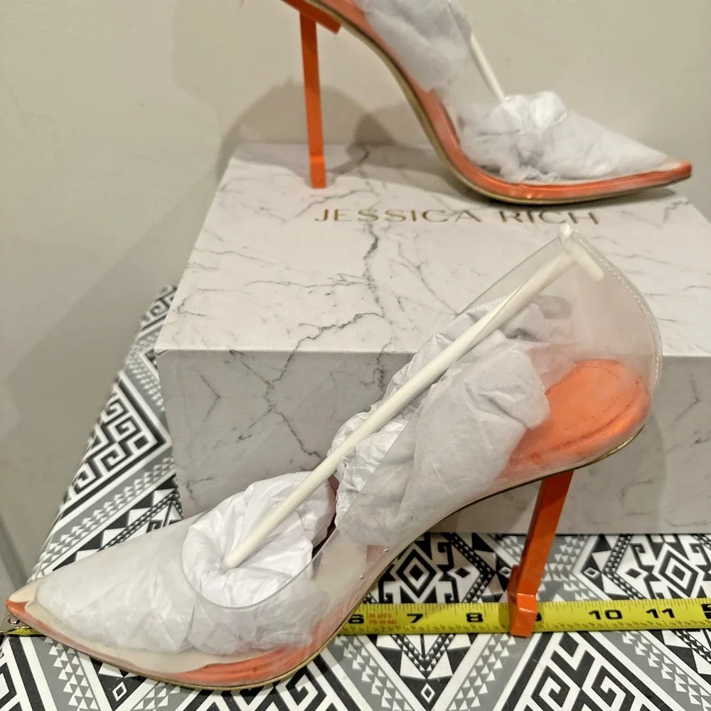 Jessica Rich Women Size 39 So Fancy Orange Pointed Toe Clear Sandal Pumps